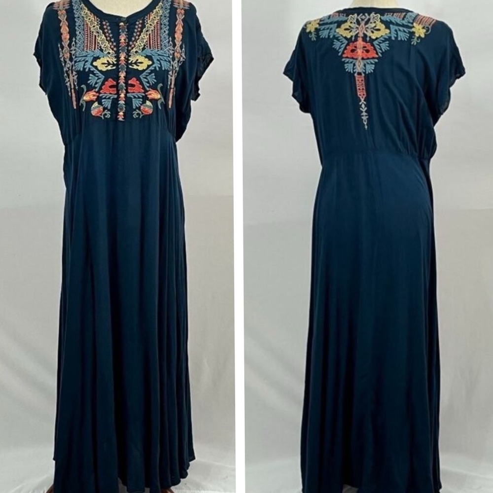 Johnny Was Biya Claudette deep navy Challis button down embroidered dress